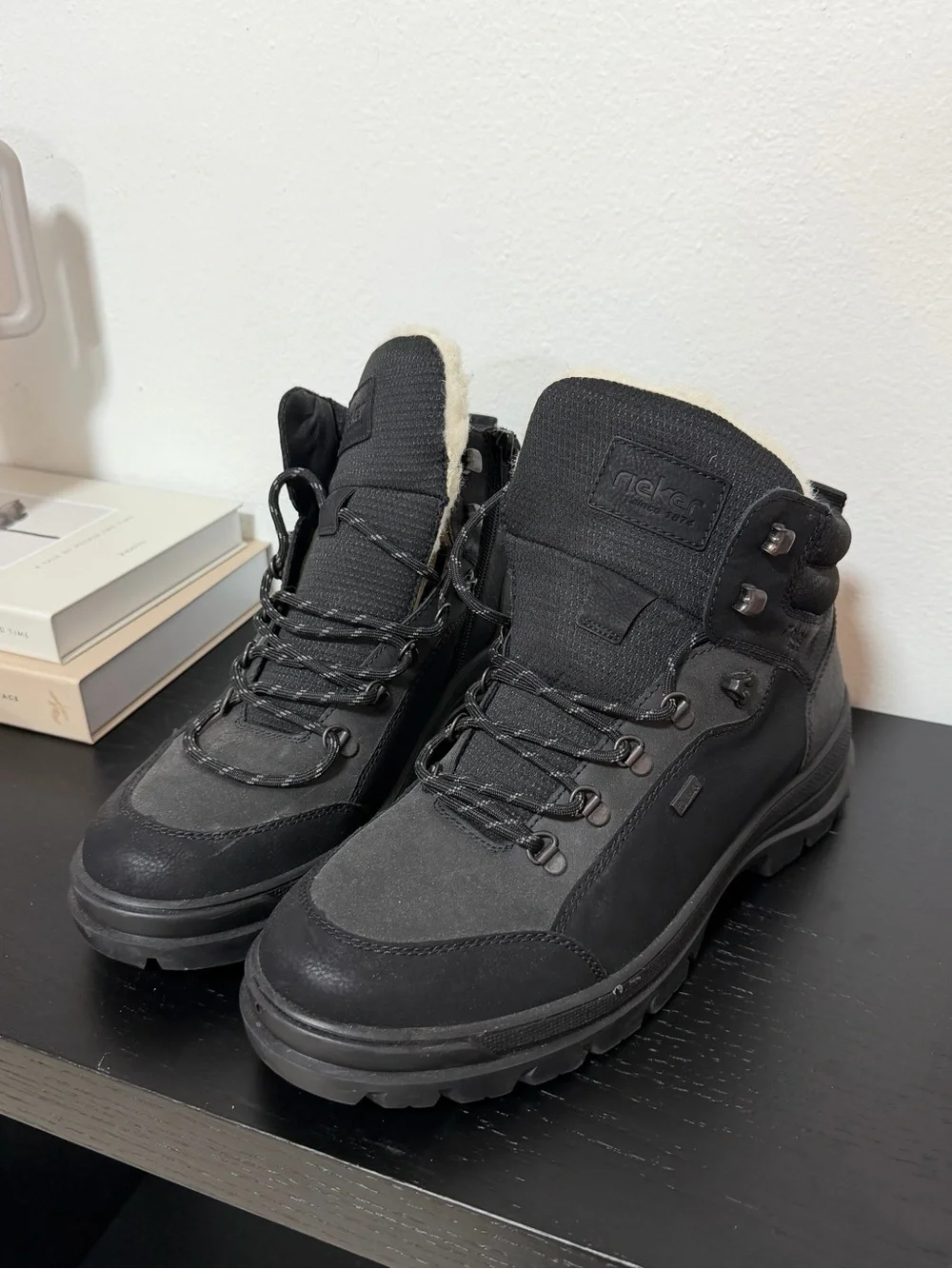 Rieker Men’s Black Lace-Up Winter Boots with Shearling Collar